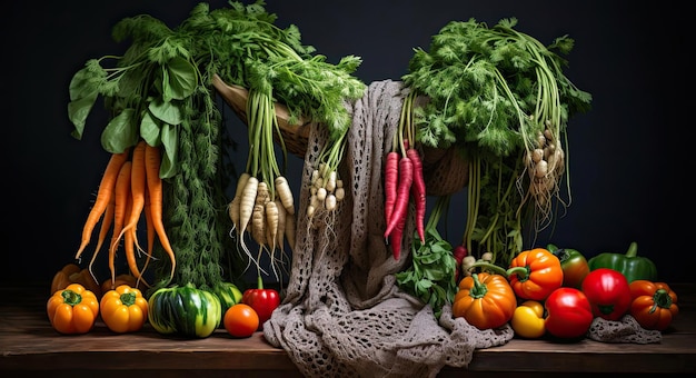 une femme tient un sac noir rempli de légumes frais dans le style indigo clair et orange