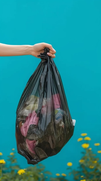 Une femme tient un sac en plastique rempli d'ordures en gros plan