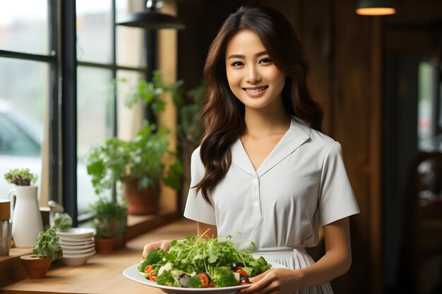 Une femme tient un saladier et regarde la caméra Aliments nutritionnels pour le bien-être de la santé cardiaque