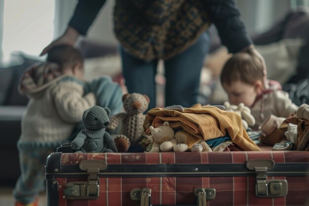 Une femme tient ses deux enfants et une valise pleine d'animaux en peluche.