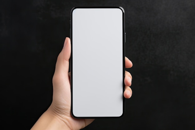 Une femme tient un smartphone noir moderne avec un écran blanc vierge Le téléphone a un design élégant