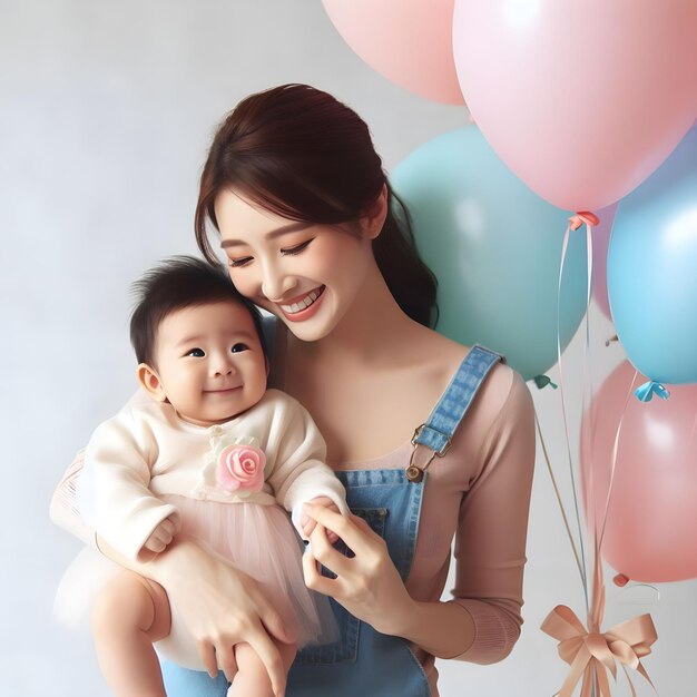 Une femme tient son bébé avec des ballons d'air.