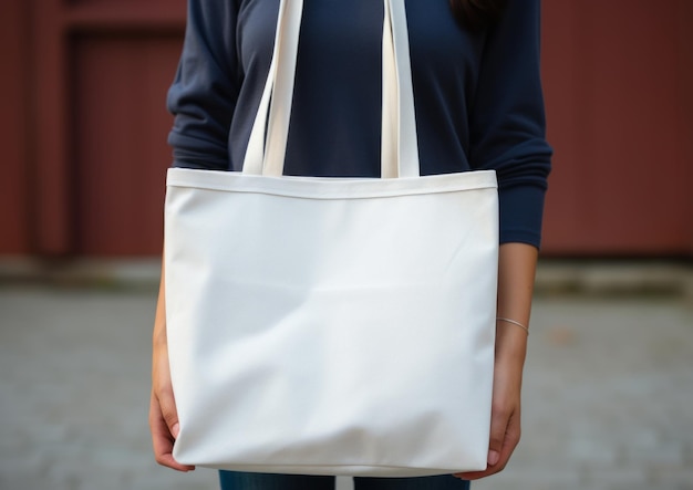 une femme tient son sac à dos blanc vide