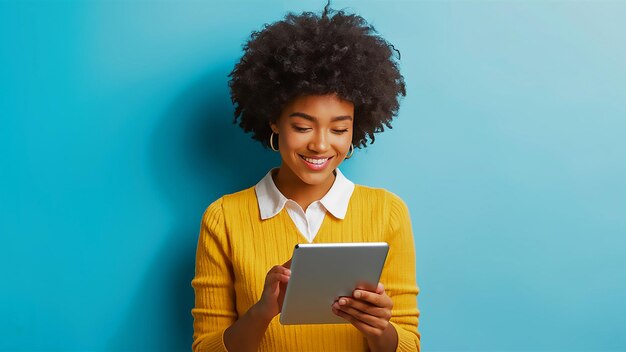 une femme tient une tablette avec un fond bleu