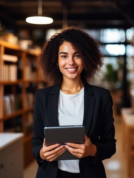 une femme tient une tablette avec un livre dessus