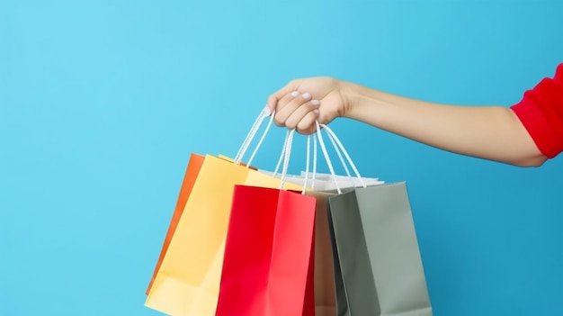 Une femme tient un tas de sacs à provisions colorés.