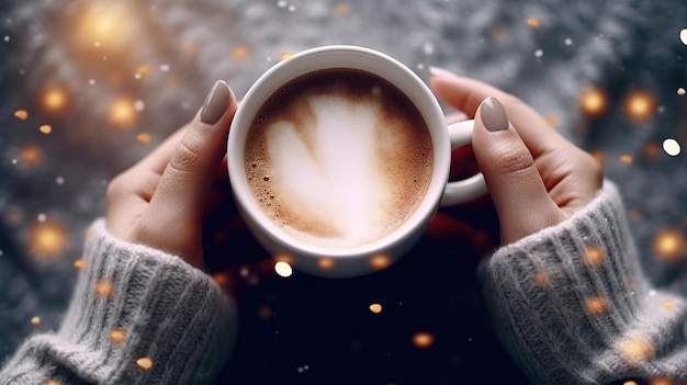 Une femme tient une tasse de café tout en appréciant les lumières de fée