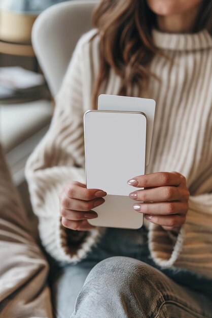 Photo une femme tient un téléphone dans ses mains