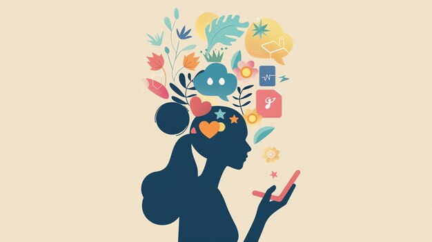 Une femme tient un téléphone elle regarde le téléphone la femme est entourée de fleurs et de feuilles colorées