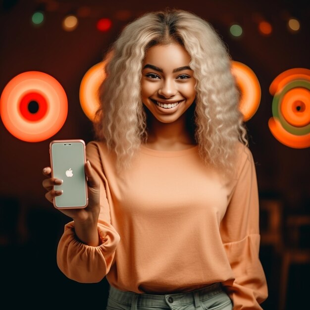 une femme tient un téléphone avec une lumière derrière elle