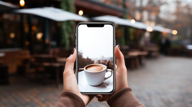 La femme tient un téléphone portable blanc avec un écran vide sur sa cuisse et boit du café dans un café