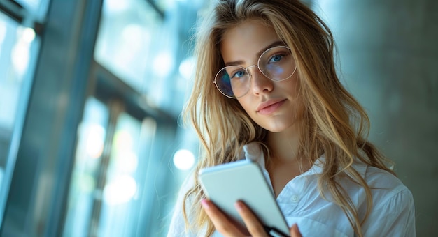 Une femme tient un téléphone et un stylo.