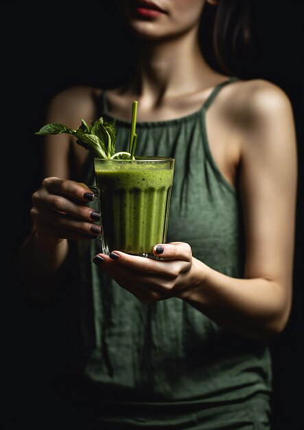 La femme tient un verre de smoothie vert