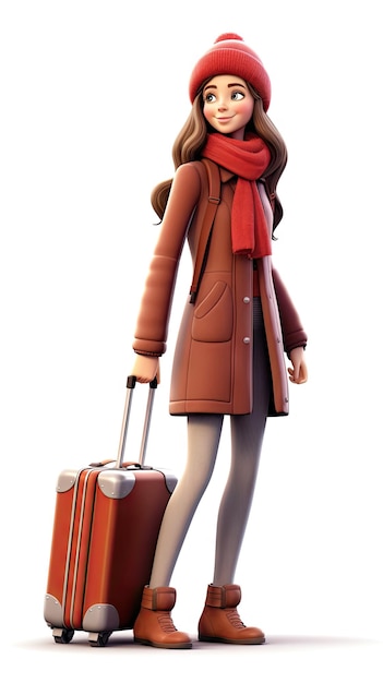 Femme tirant une valise portant des vêtements d'hiver
