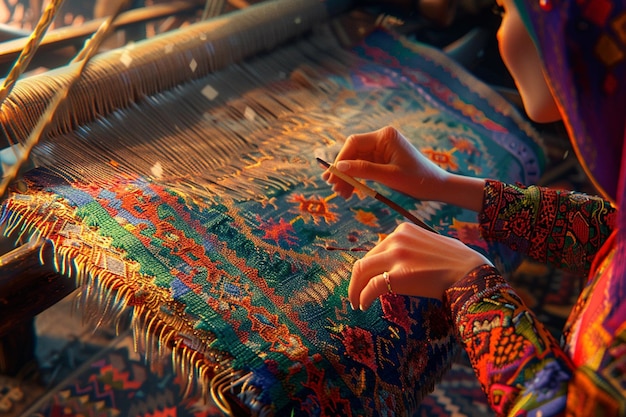 Une femme tisse à la main un tapis coloré sur un tapis traditionnel