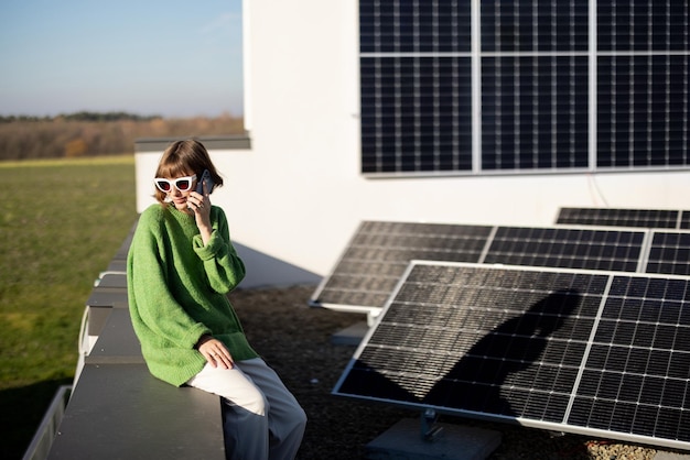 Femme sur le toit de sa maison avec une station solaire