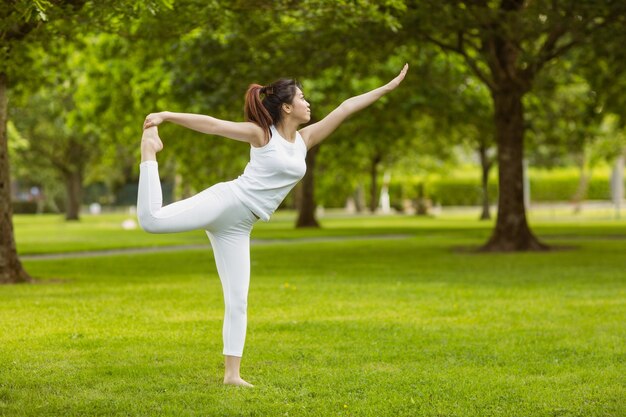 Femme tonique, faire des exercices d&#39;étirement dans le parc