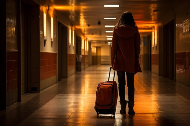 Femme touriste avec des bagages à l'hôtel après l'enregistrement Concept de voyage et de vacances