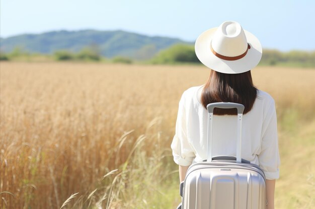 Femme touriste avec des bagages à l'hôtel après l'enregistrement Concept de voyage et de vacances