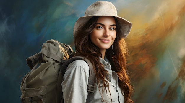 Une femme touriste dans un chapeau avec un sac à dos touristique sur un fond de studio