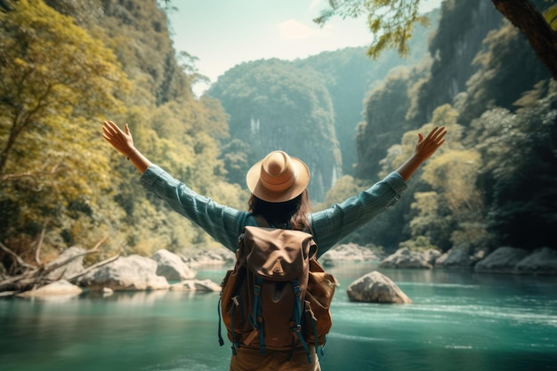 une femme touriste avec un grand sac à dos avec les bras tendus regardant la caméra contre une rivière