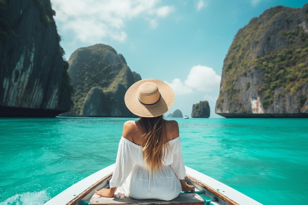 Une femme touriste heureuse en robe blanche d'été relaxante.