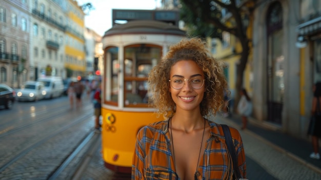 Une femme touriste joyeuse avec l'iconique tramway jaune en arrière-plan