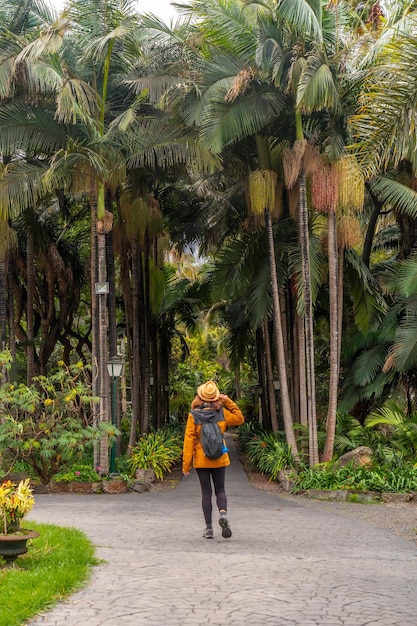 Une femme touriste se promène dans un jardin botanique tropical avec de grands palmiers