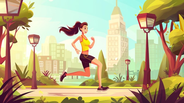 Photo femme en train de courir dans un parc de la ville image de dessin animé moderne d'un personnage féminin heureux courant dans une ruelle de jardin public sur le fond du paysage urbain entraînement pour un corps mince et plus d'énergie