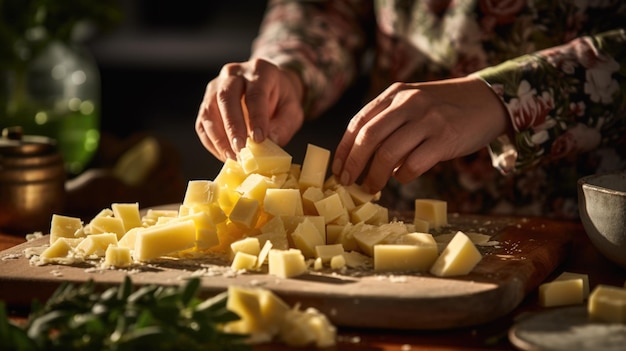 Une femme tranche divers fromages pour l'assiette de fromage