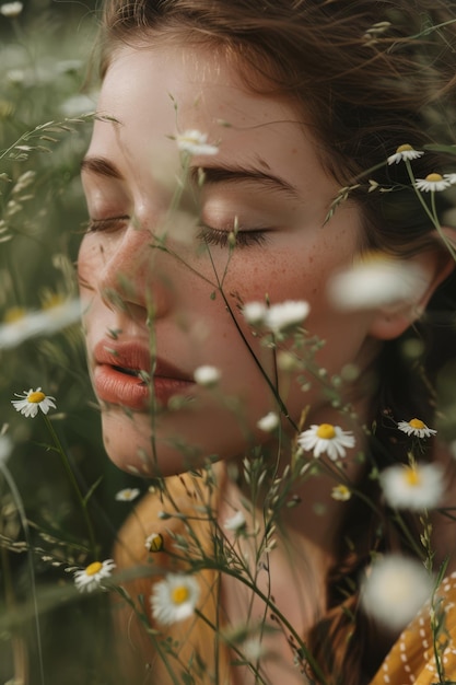 Une femme tranquille avec des taches de rousseur parmi des marguerites blanches