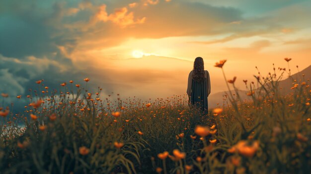 Une femme tranquille avec les yeux fermés savoure le doux toucher d'un coucher de soleil entouré de fleurs délicates.