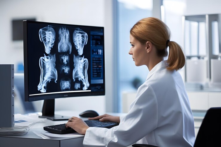 Photo femme traumatologue en consultation examinant une radiographie sur l'ordinateur