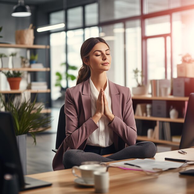 Femme travaillant avec des appareils numériques dans un espace de coworking avec un espace de copie supérieur rempli d'ambiance