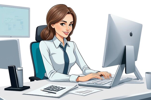 Photo femme travaillant au bureau sur fond blanc