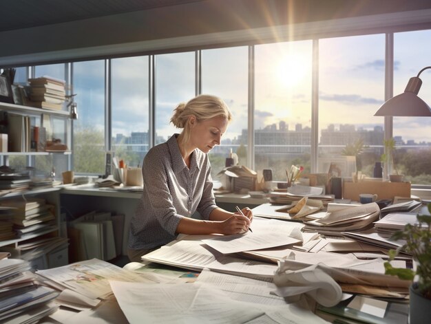 Une femme travaillant à un bureau avec des papiers et une vue sur la ville en arrière-plan