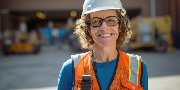 femme travaillant sur un chantier de construction casque de construction et gilet de travail souriant d'âge moyen ou plus