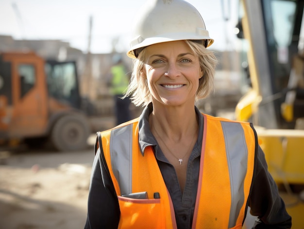 femme travaillant sur un chantier de construction casque de construction et gilet de travail souriant d'âge moyen ou plus