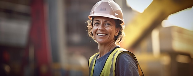 Photo femme travaillant sur un chantier de construction chapeau dur et gilet de travail sourire d'âge moyen ou vieux