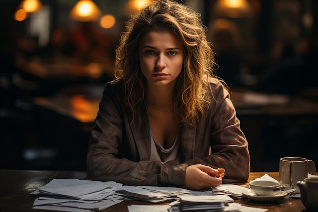 femme travaillant dans un bureau sombre