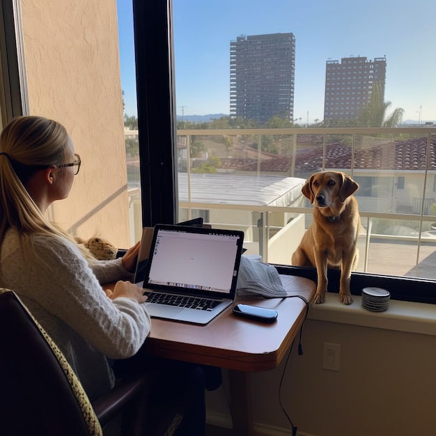 femme travaillant à domicile avec le chien sur la table et la ville en arrière-plan