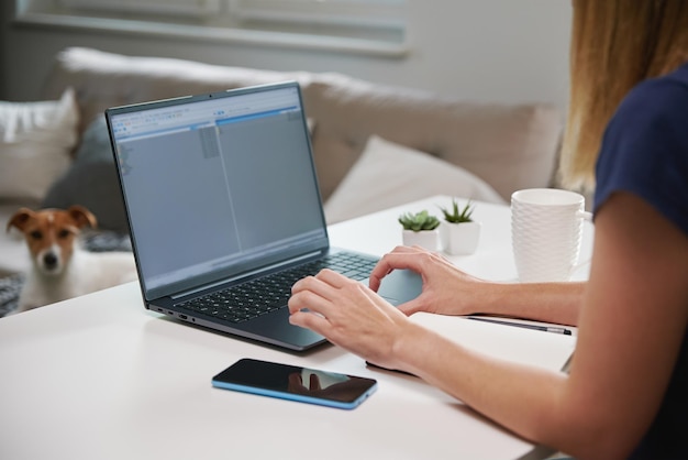 Femme travaillant à domicile pigiste travaillant à distance dans le salon et utilisant un ordinateur portable