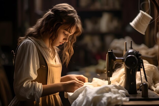 Photo une femme travaillant sur une machine à coudre dans son atelier