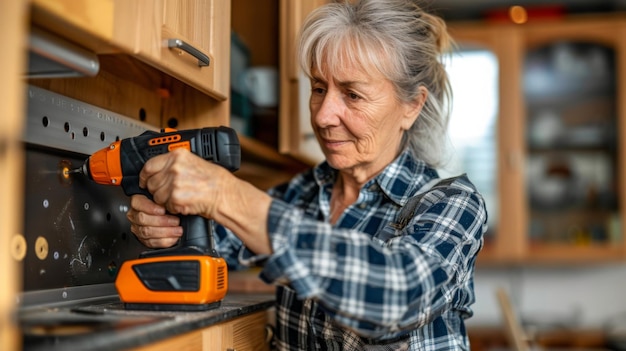 Une femme travaillant sur une nouvelle installation de cuisine et utilisant une perceuse sans fil