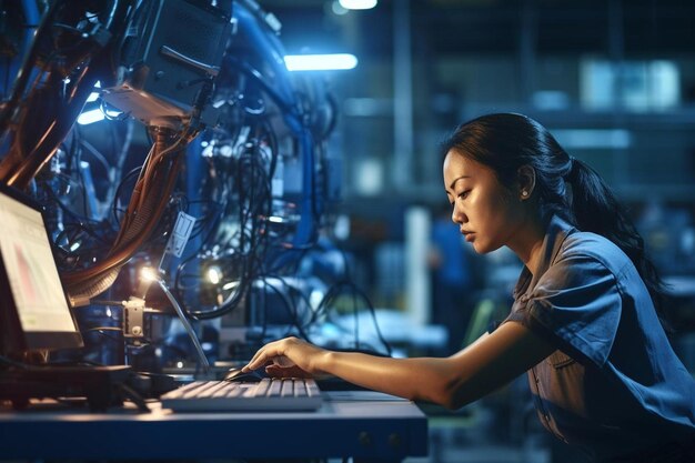 une femme travaillant sur un ordinateur dans une usine