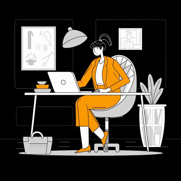 une femme travaillant sur un ordinateur portable au bureau de bureau couleur illustrations de contour