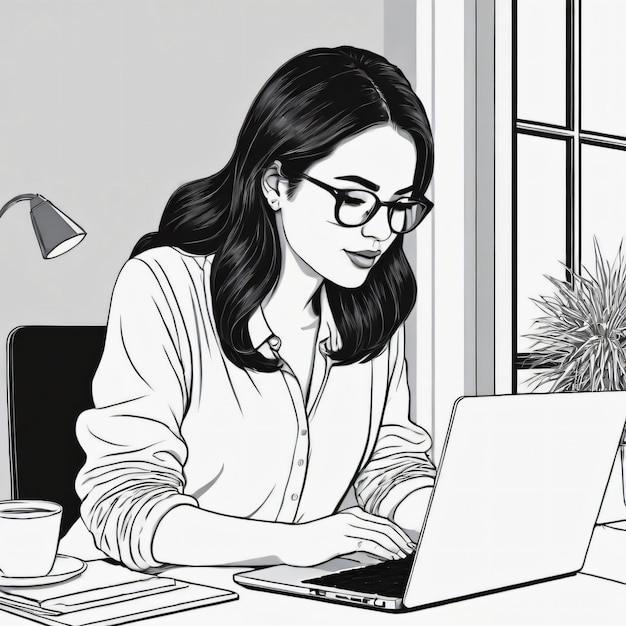une femme travaillant sur un ordinateur portable au bureau de bureau couleur illustrations de contour