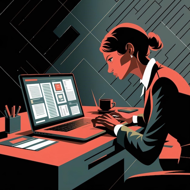 une femme travaillant sur un ordinateur portable au bureau de bureau couleur illustrations de contour