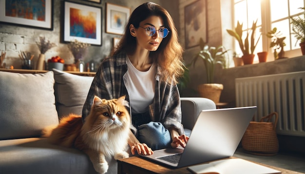 Femme travaillant sur un ordinateur portable avec un chat à la maison