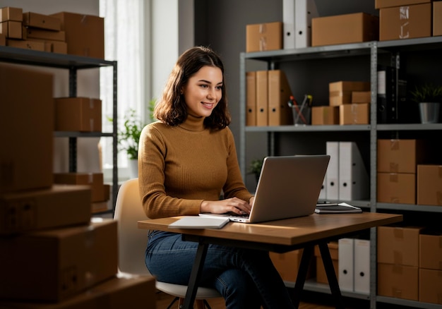 Femme travaillant sur un ordinateur portable dans un entrepôt d'une petite entreprise